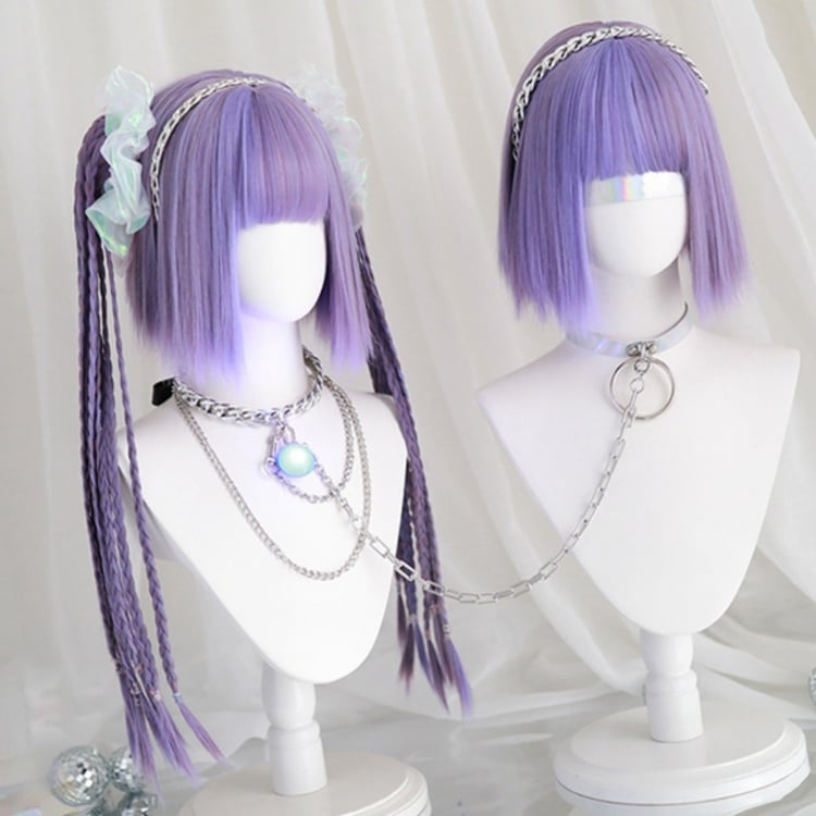 Purple Chin Bob Cut Wig with Braids Jaw Clips