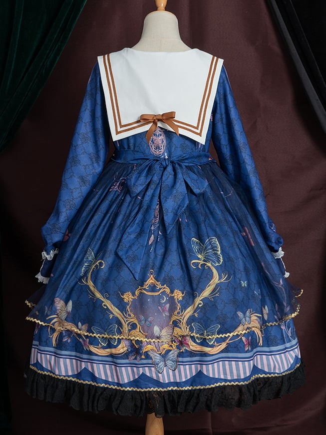 White Butterflies Print High Waist Long Sleeves One Piece