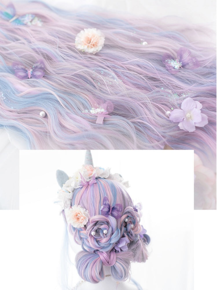 Mixed Hair Color Long Wavy Synthetic Wig with Full Bangs