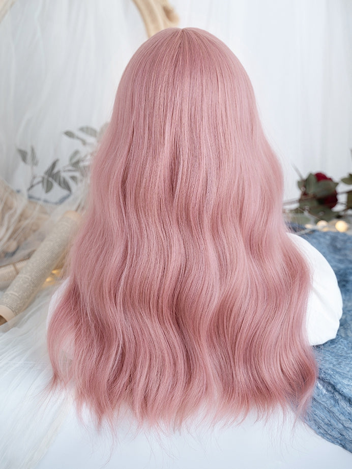 Pink Medium Length Synthetic Wavy Wig with Air Bangs