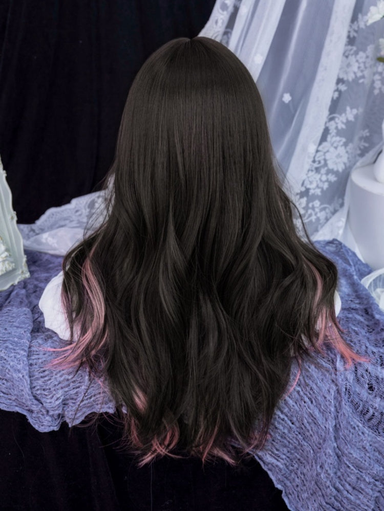 Pink Highlight Hair Color Black Long Synthetic Wavy Wig with Full Bangs