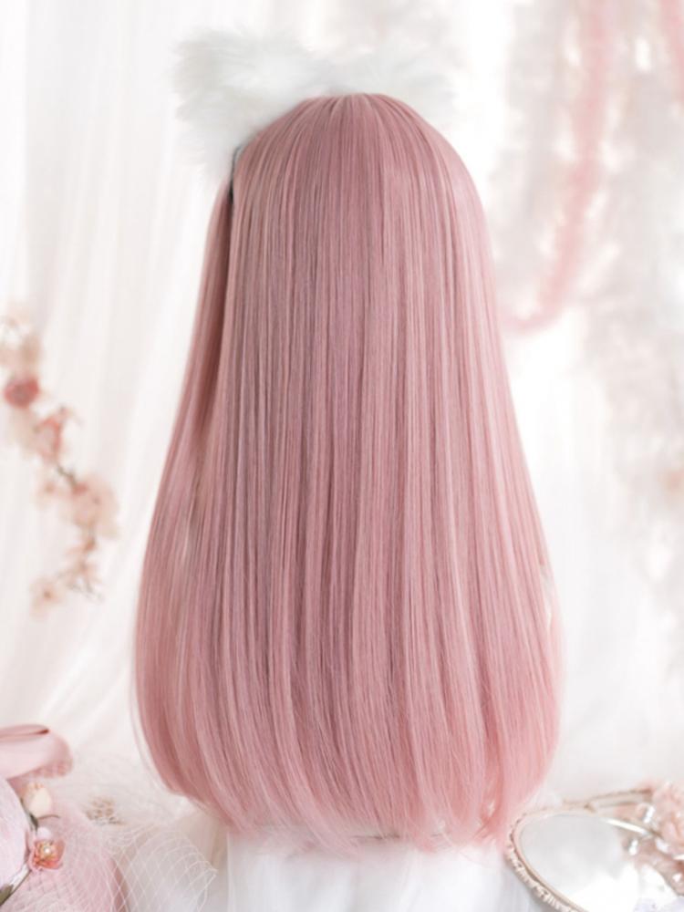 Pink Medium Length Synthetic Straight Wig with Full Bangs