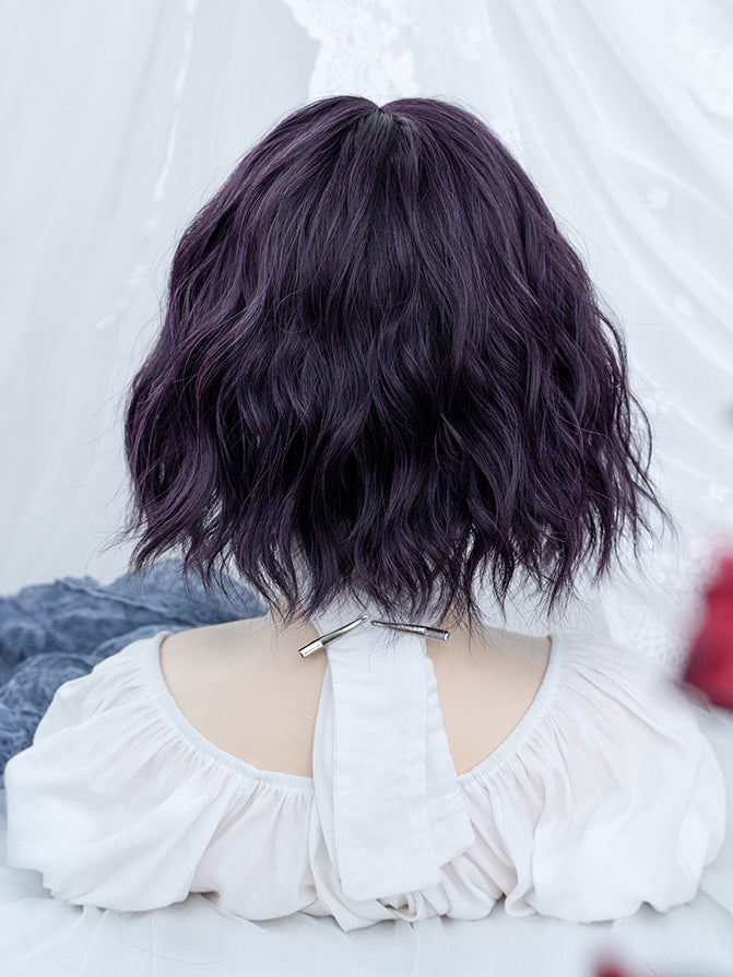 Purple Chin Length Wavy Synthetic Wig with Curly Bangs