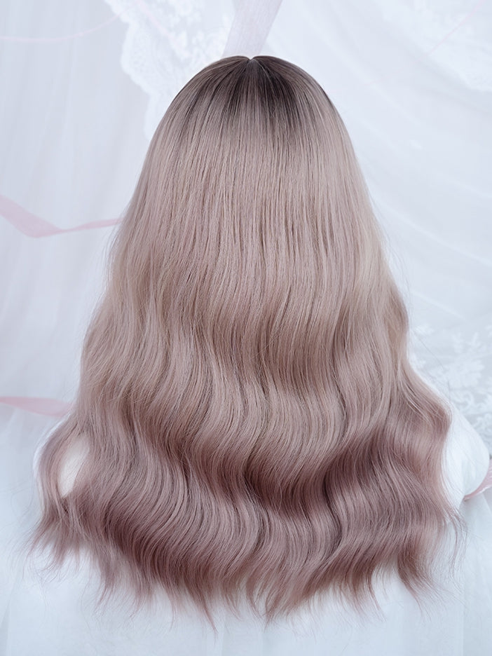 Purple and Grey Ombre Hair Color Medium Length Synthetic Wavy Wig with Full Bangs