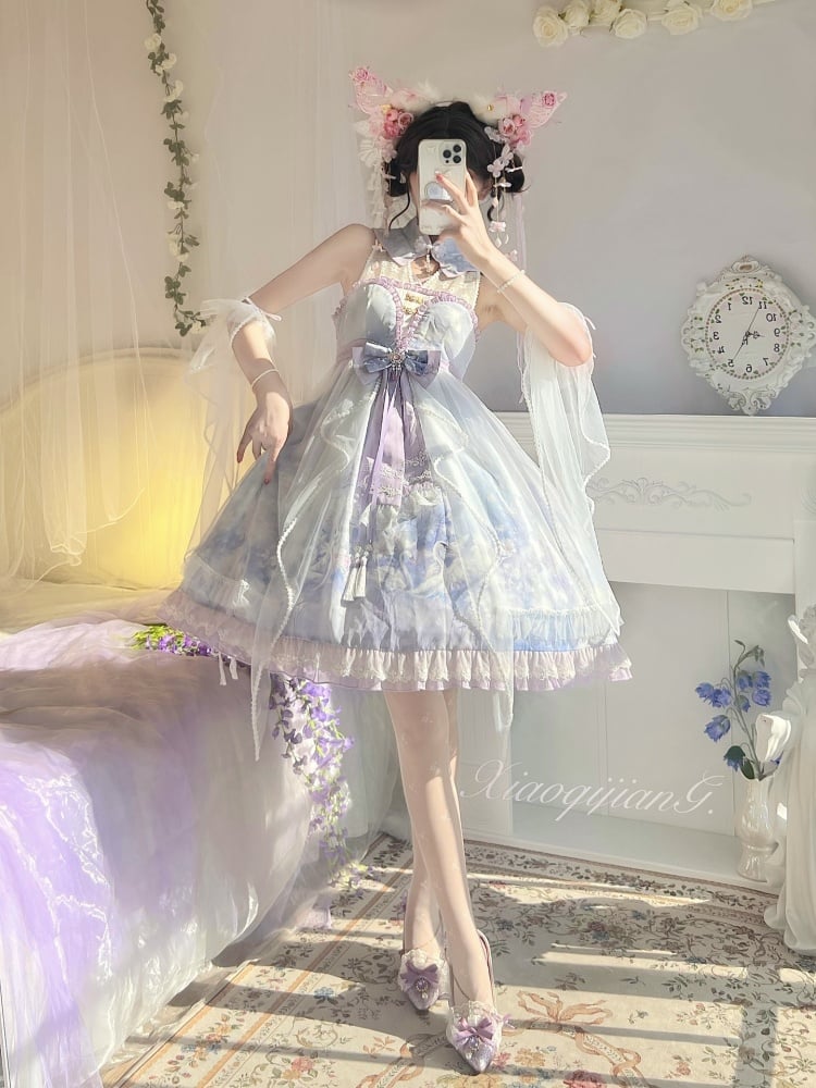 Purple Swan Castle Floral Print Banded Collar Ruffle Hemline Lolita JSK
