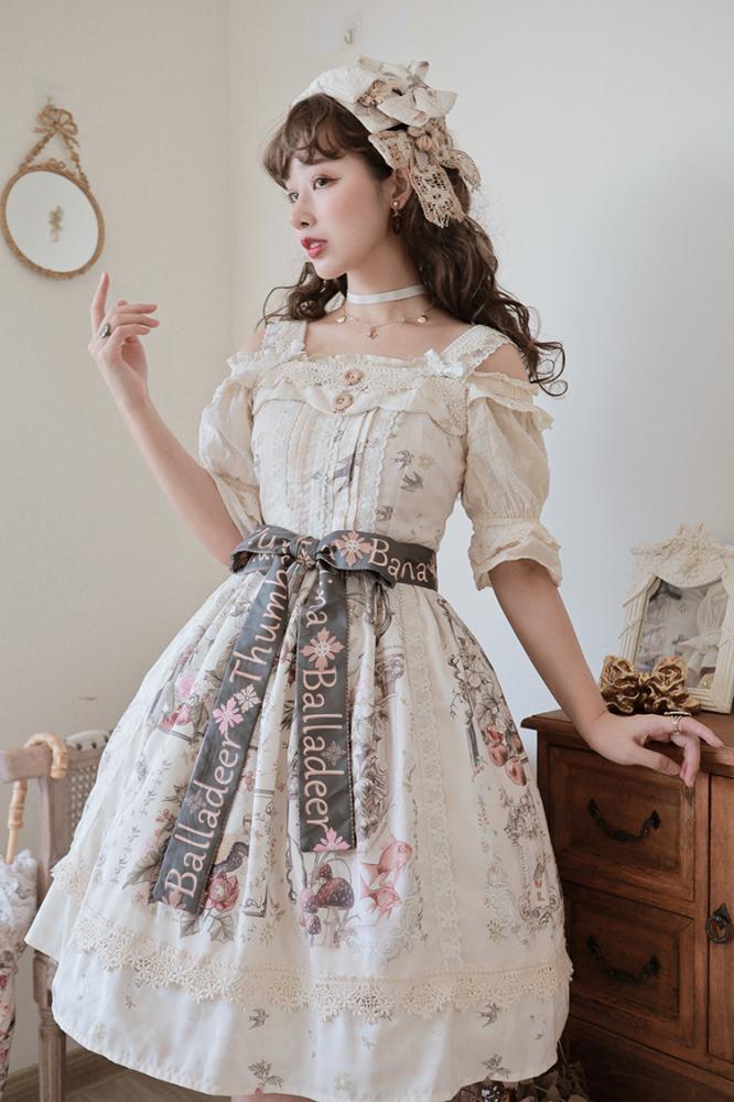 Thumbelina Floral Print Petal Neckline High Waist Short Version Jumper Skirt