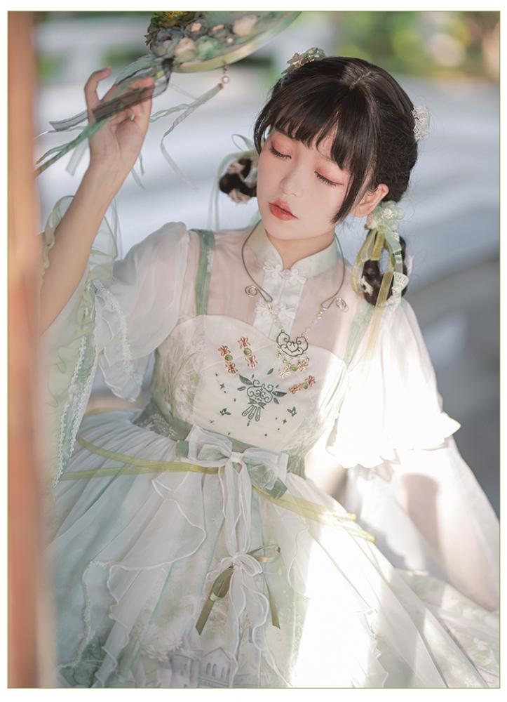 Swan Castle Print Green Qi Style Jumper Skirt/Full Set Embroidery Ruffle Hem