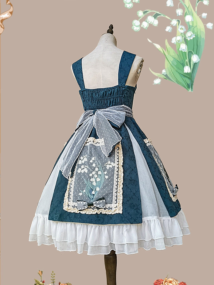 Lily of the Valley Color Dark Green Bowknot Details HIgh Waist JSK