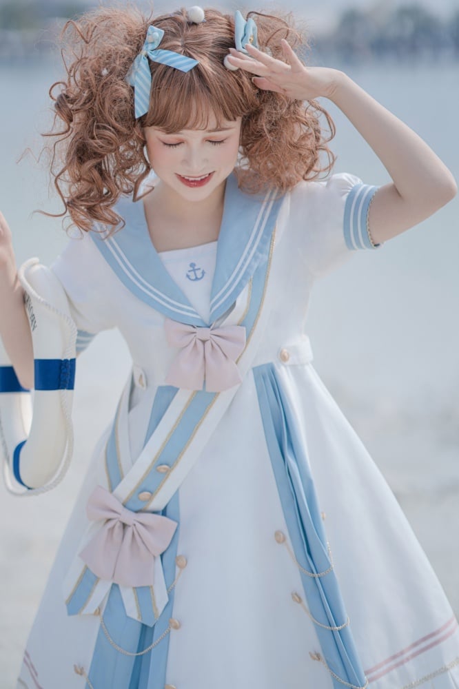 Sea Breeze Light Blue Sailor Collar One Piece High Waist Sweet Dress with Bow Tie and Ribbon