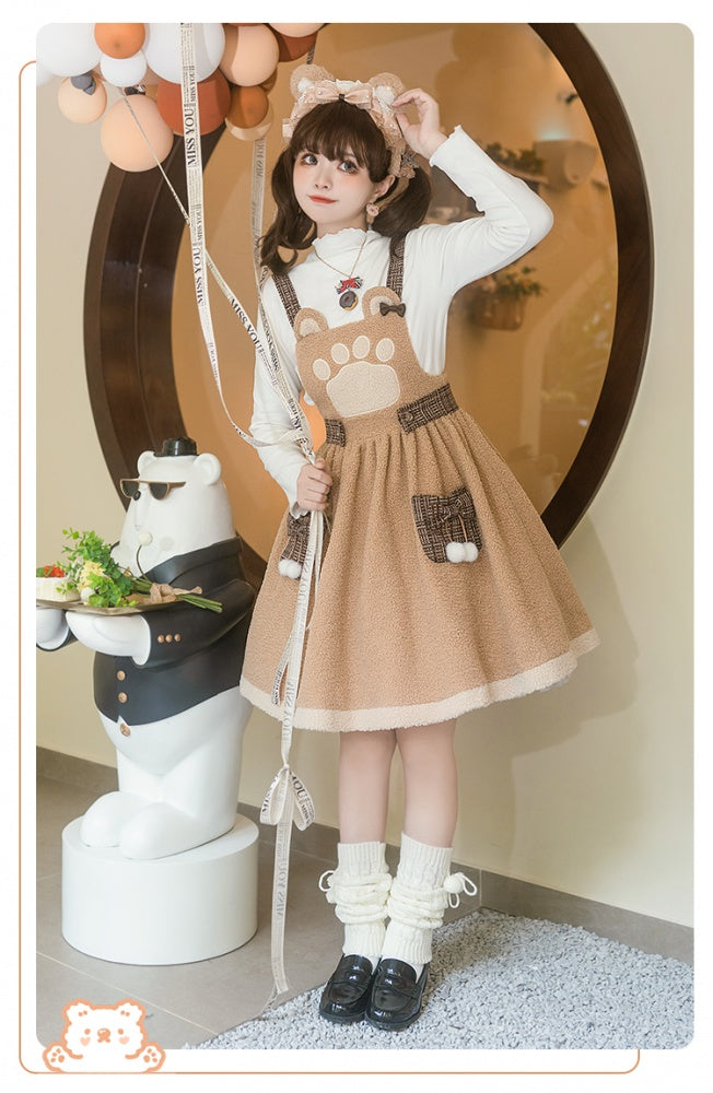 Silly Bear Brown Winter Sweet Fleece Lolita Overall Dress