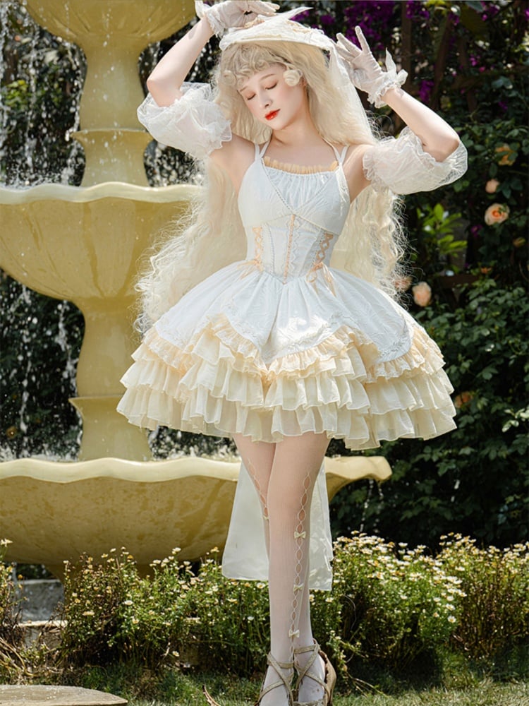 White Halter Neck Ruffle Skirt Corset Waist Jumper Skirt