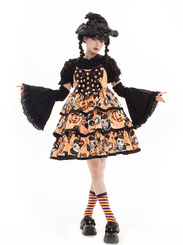 Strawberry Milk Ball Orange Bowknot Detail Strawberry Print Tiered Hem Jumper Skirt