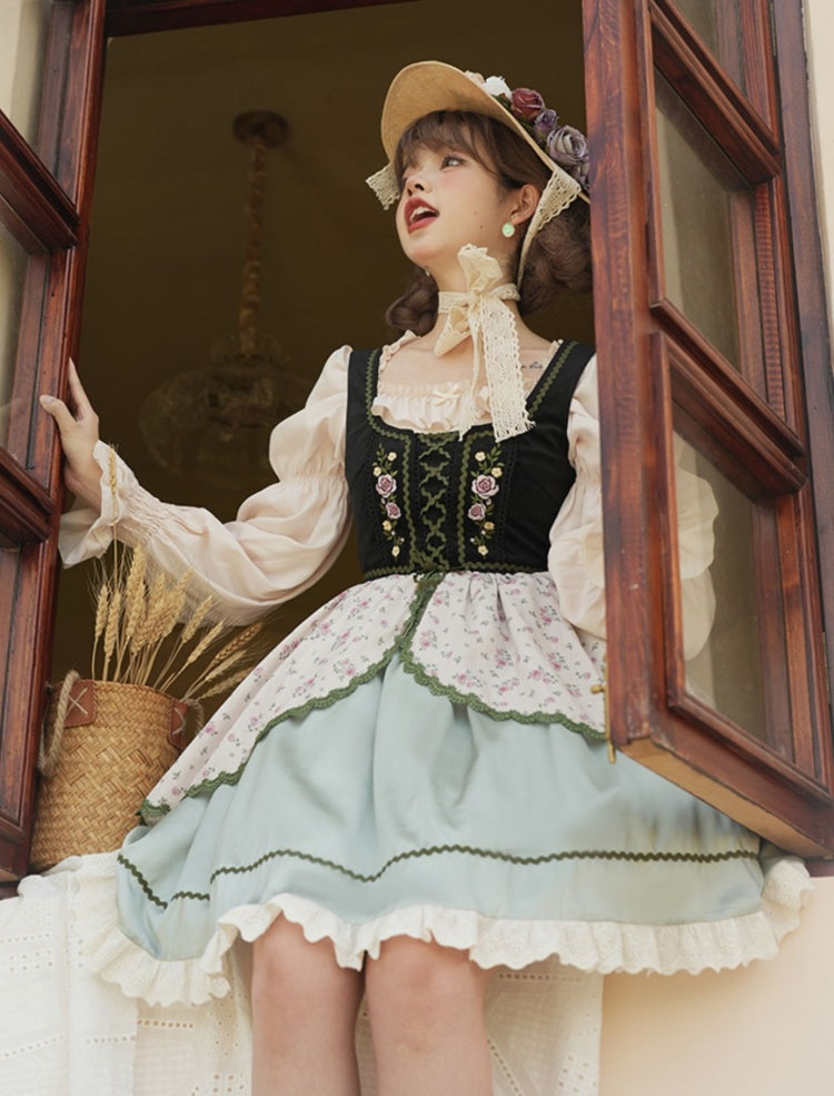 Heidi's Dream Lace-up Detail Ruffle Trim Floral Print Lolita JSK