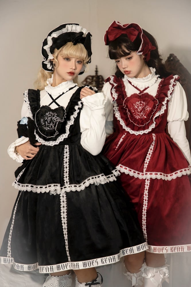 In Stock Runaway Bear Emboridery Heart-shaped Neckline Letter Print Hemline Velvet Jumper Skirt