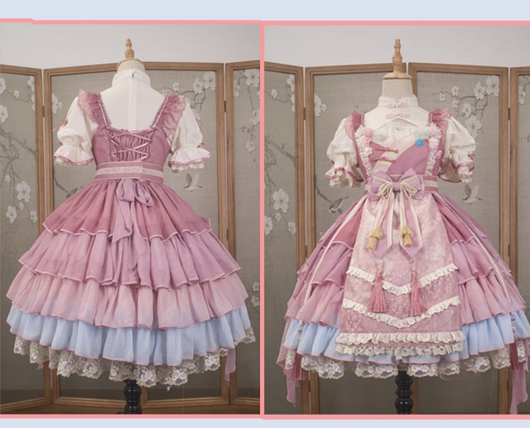 NEKOMATA'S TEMPTATION Peach Wine Floral Decoration Neckline Tiered Flounce Hem Jumper Skirt