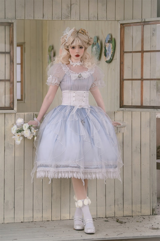 Mermaid Tears One Piece Halter Neck Puff Sleeves Tiered Skirt and Ruffle Trim