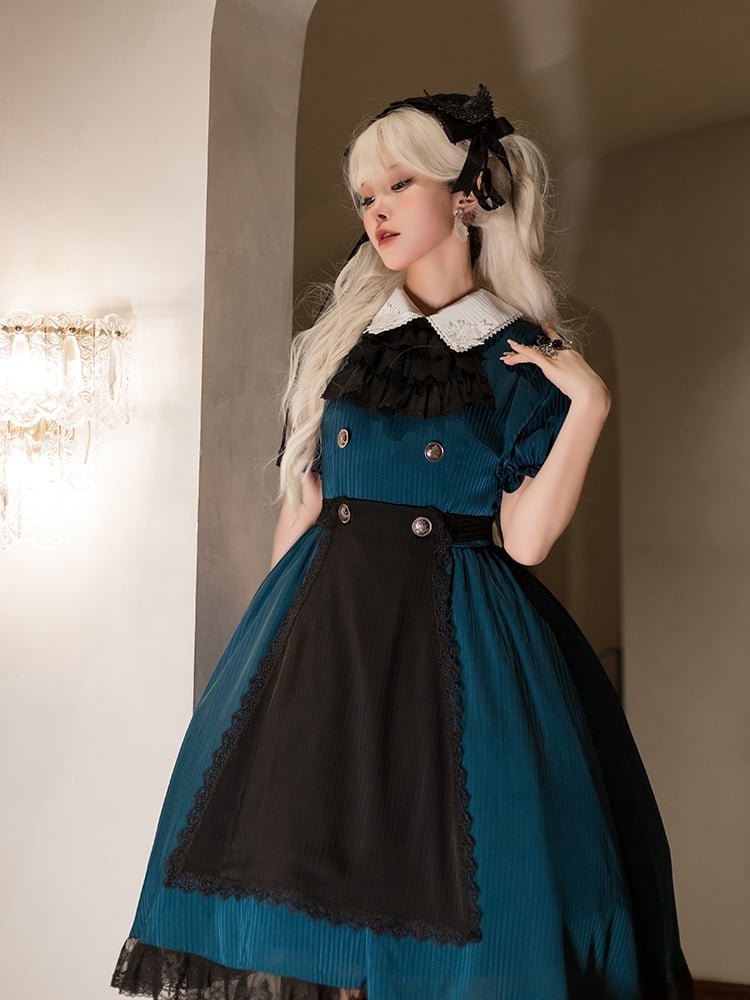 White Rose Applique Collar Peacock Blue Puff Sleeves One Piece