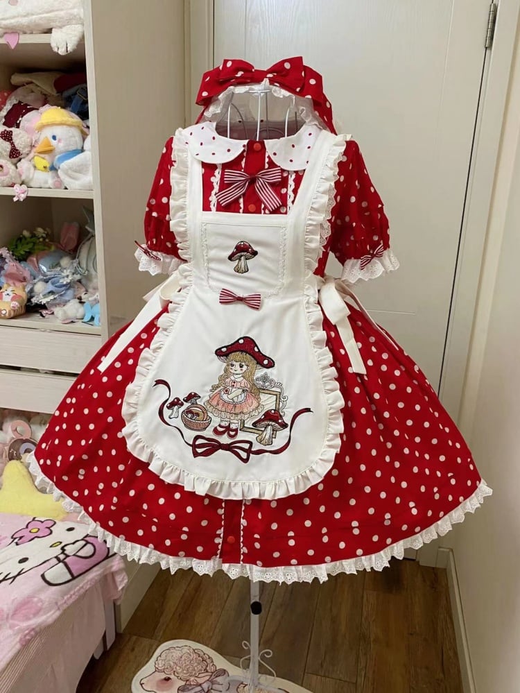 Picking Mushroom White and Red Polka-dot Pattern Short Sleeves One Piece