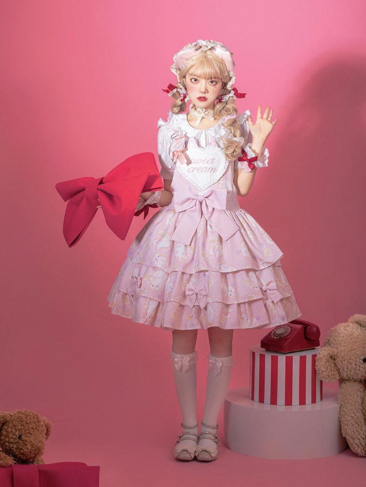 In Stock Kitty Print Bowknot Details Tiered Ruffle Hem Overall Dress