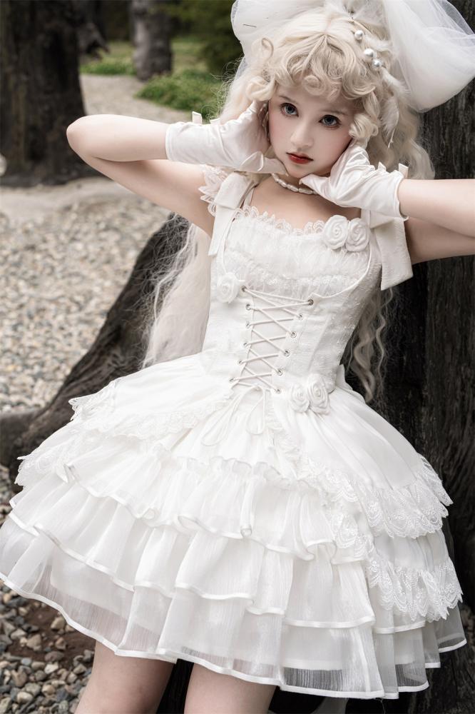 White Ruffle Hem Thin Shoulder Straps Jumper Skirt + Waistcoat Set