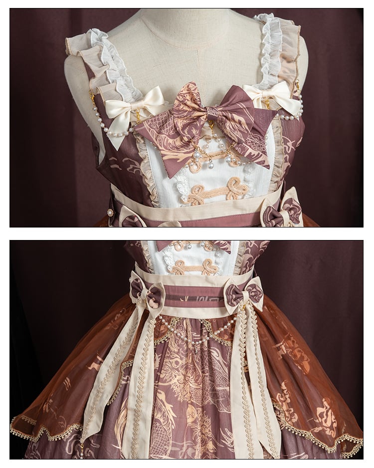In Stock Chinoiserie Style Pattern Design Dragon Print Bowknot Details Jumper Skirt