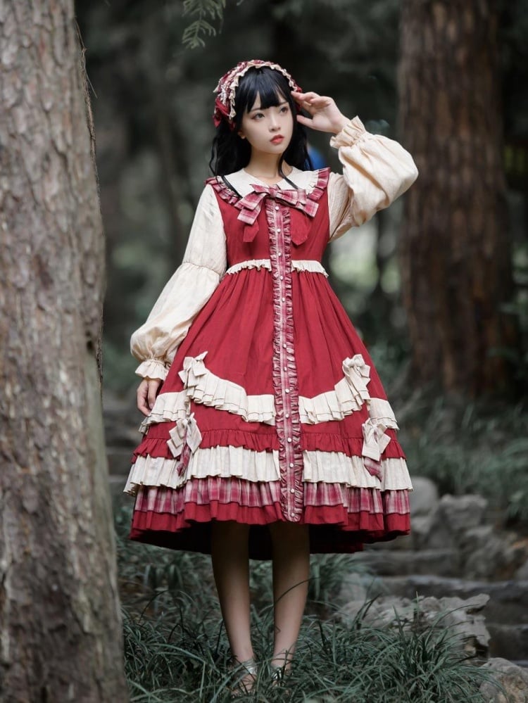Peter Pan Collar Red Plaid Pattern Bowknot Details Long Sleeves Lolita OP