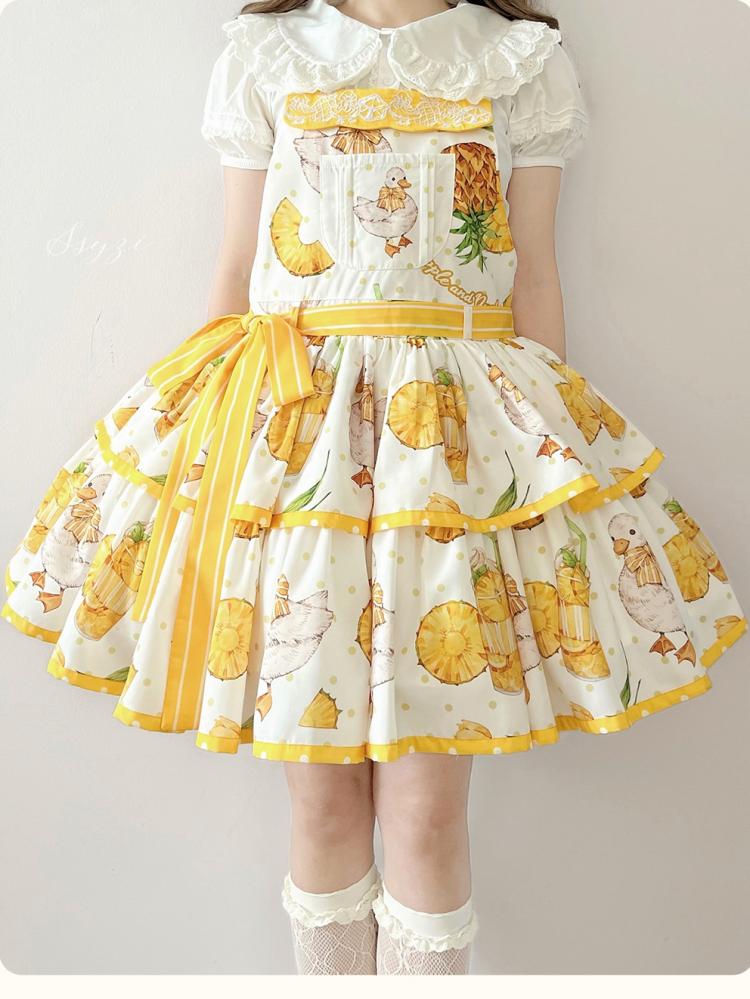 Pineapple and Duck Print Yellow Overalls Polka-dot Pattern Dress