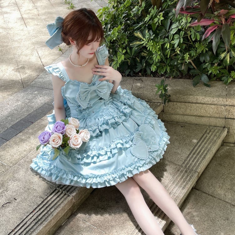 7 Color Options Lace-up Detail Sweetheart Neckline Ruffle Trim Hem Jumper Skirt