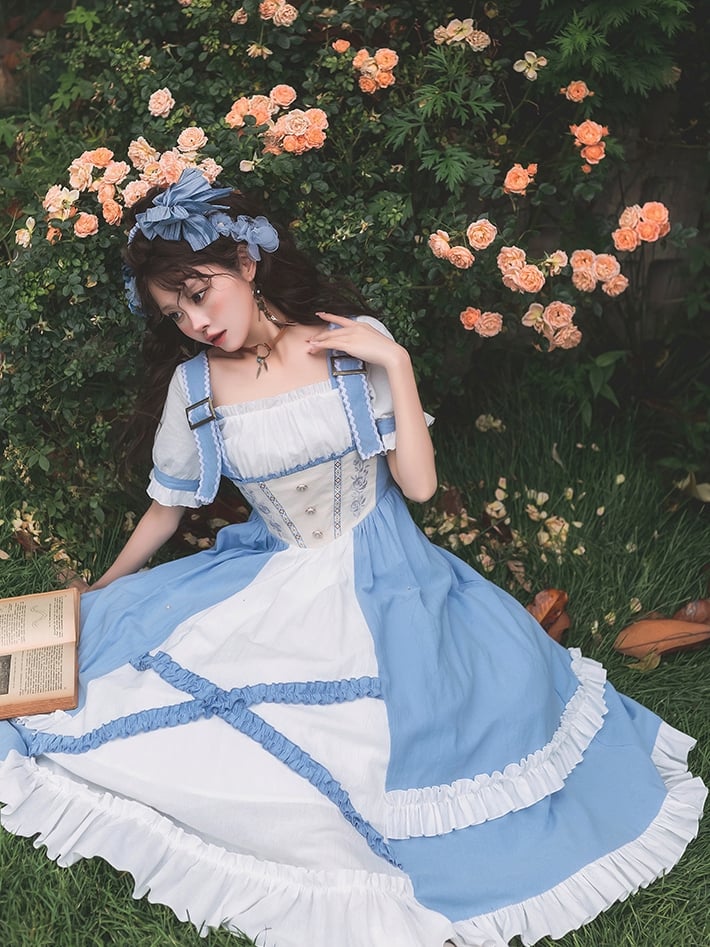 Square Neckline Rose Embroidery Waist Blue and White One Piece