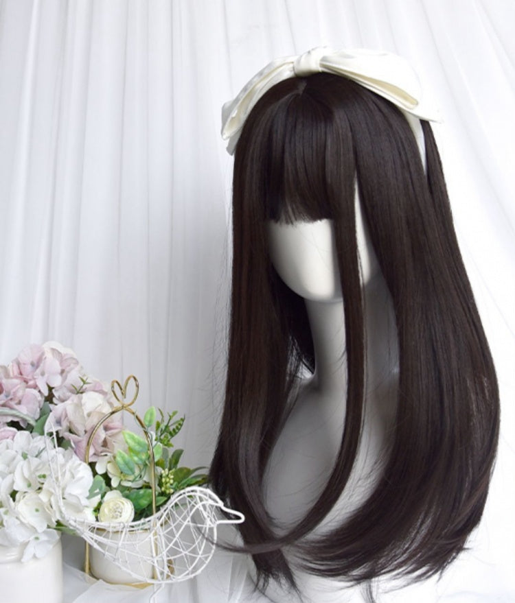 Natural Black Brown Air Bangs Long Wig