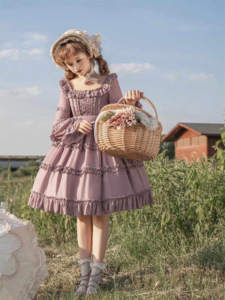 Square Neckline Smocked Elastic Front Bodice Ruffle Hemline Long/Short Sleeves Lolita OP