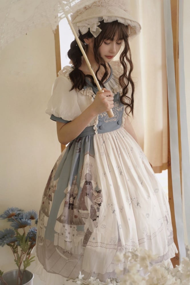 Spring Curtain Country Style Little Girl Print Embroidery Round Neck Bowknot Details Short Sleeves One Piece