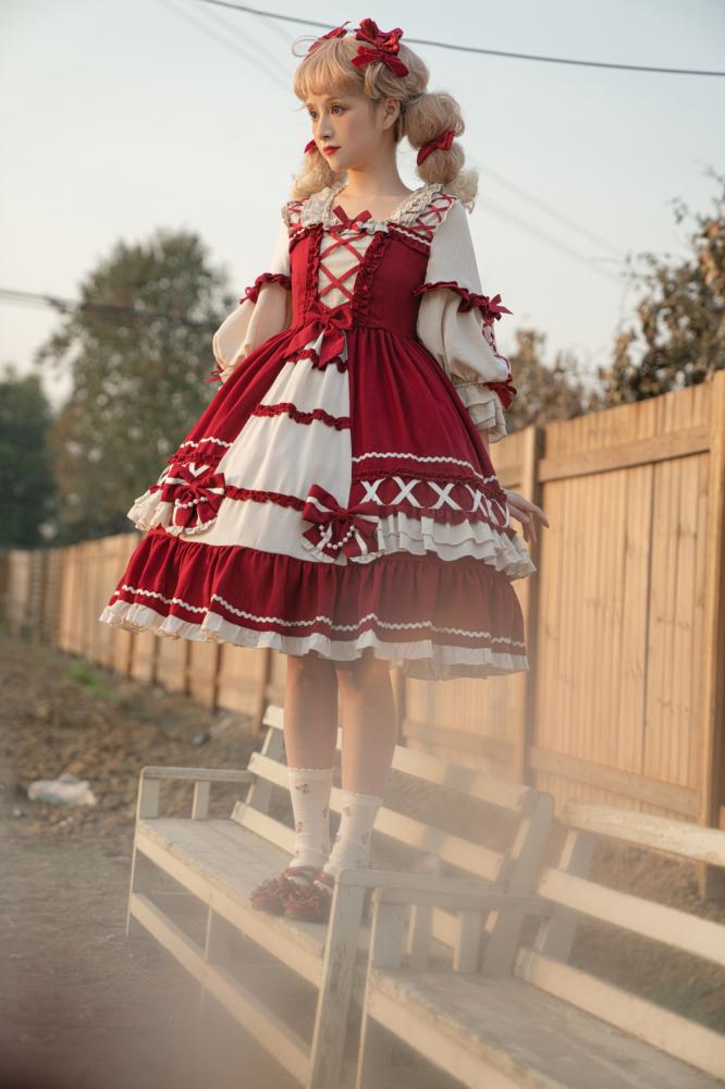 Wine Red Bowknot Details One Piece Snow White Dress/Full Set Square Neckline