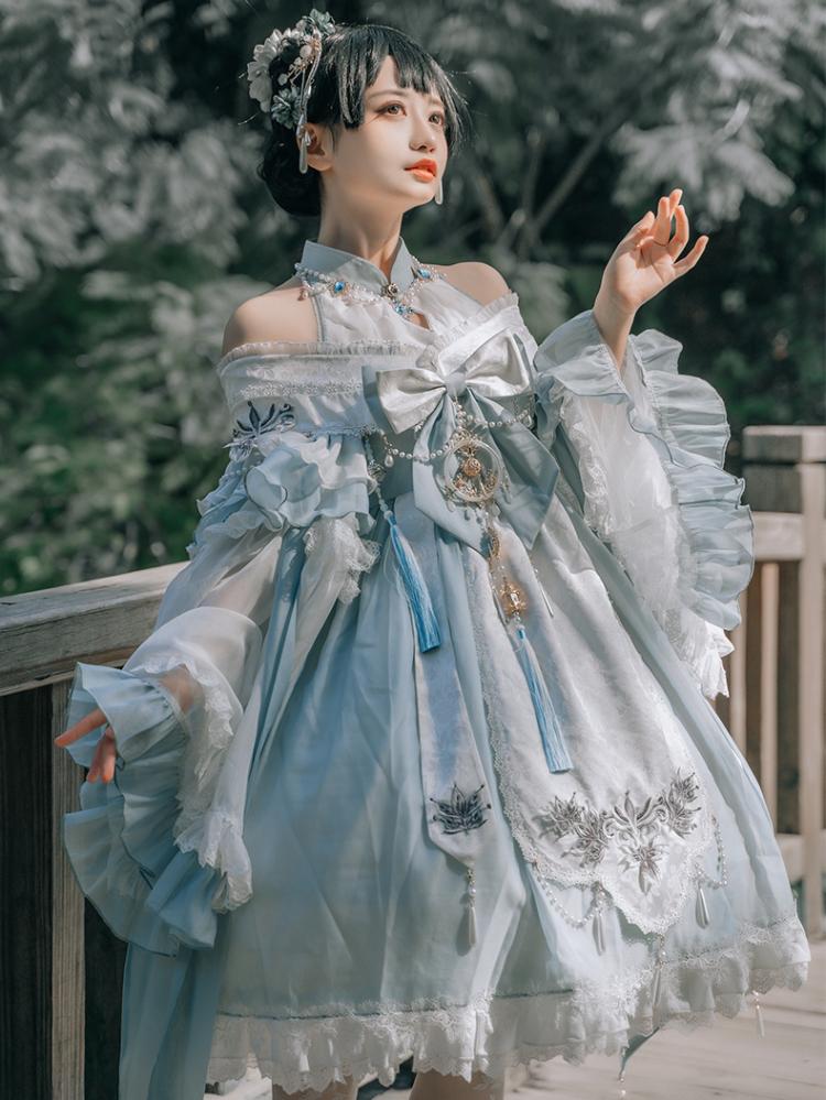 Deer and Epiphyllum Archaic Style Epiphyllum Print Beads Chain Decoration Lolita JSK Set