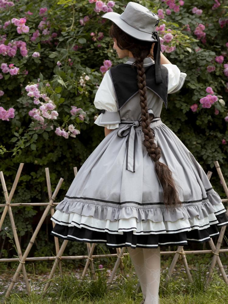 In Stock Black White Gray Tiered Ruffle Hemline Short Sleeves Lolita OP