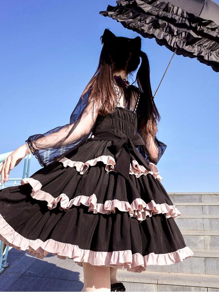 Lace-Up Detail Sweet Jumper Skirt Tiered Skirt Dress/Full Set Long Version