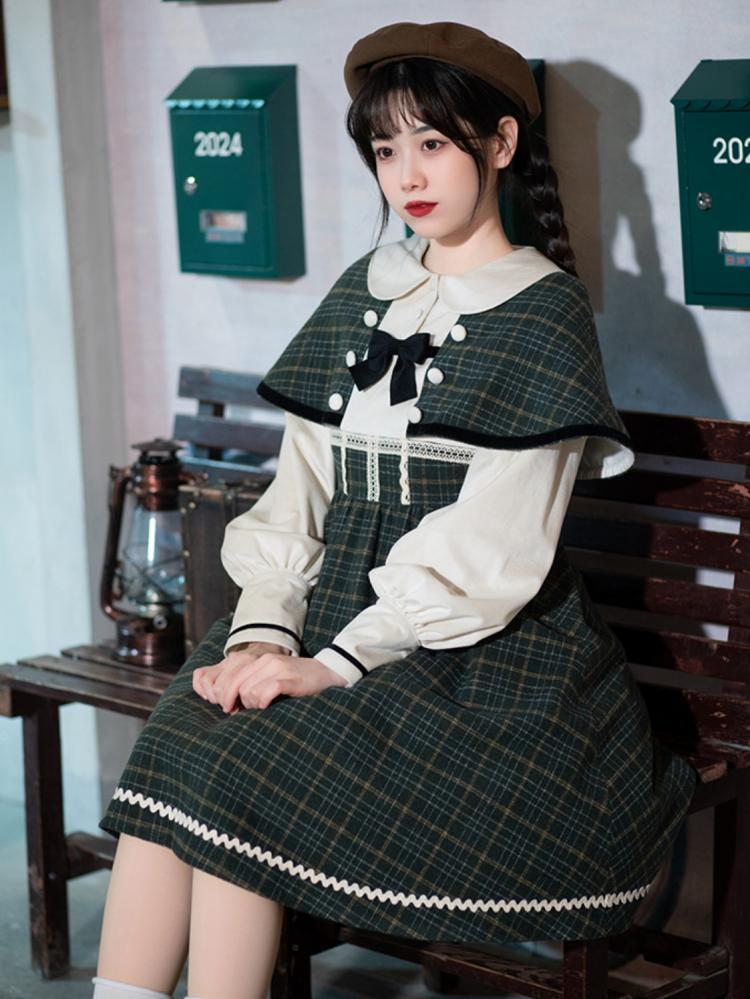 Southern Theater Green Plaid Pattern Peter Pan Collar OP