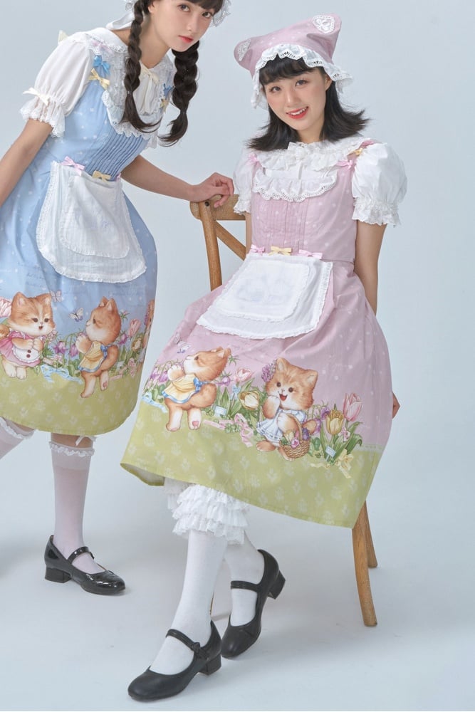 Pink Cat Print Lace Trim Bowknot Details Jumper Skirt