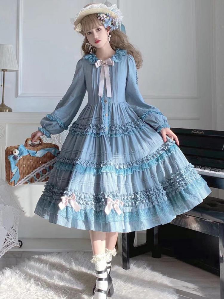 Tasha's Garden Blue Ruffle Design Long Sleeves One Piece