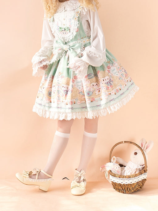 Lamb Print Bowknot Details Jumper Skirt