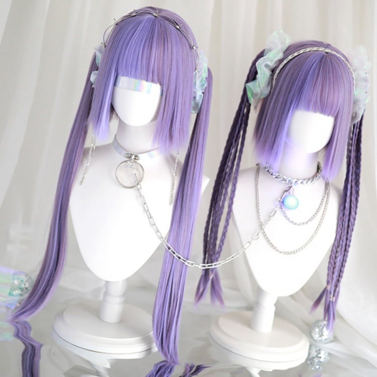 Purple Chin Bob Cut Wig with Braids Jaw Clips