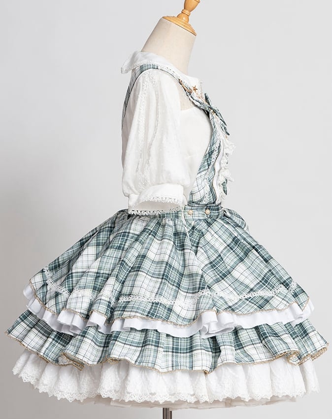 Matcha Ice Bowknot Details Plaid Ruffle Hem Idol Lolita Overall Dress