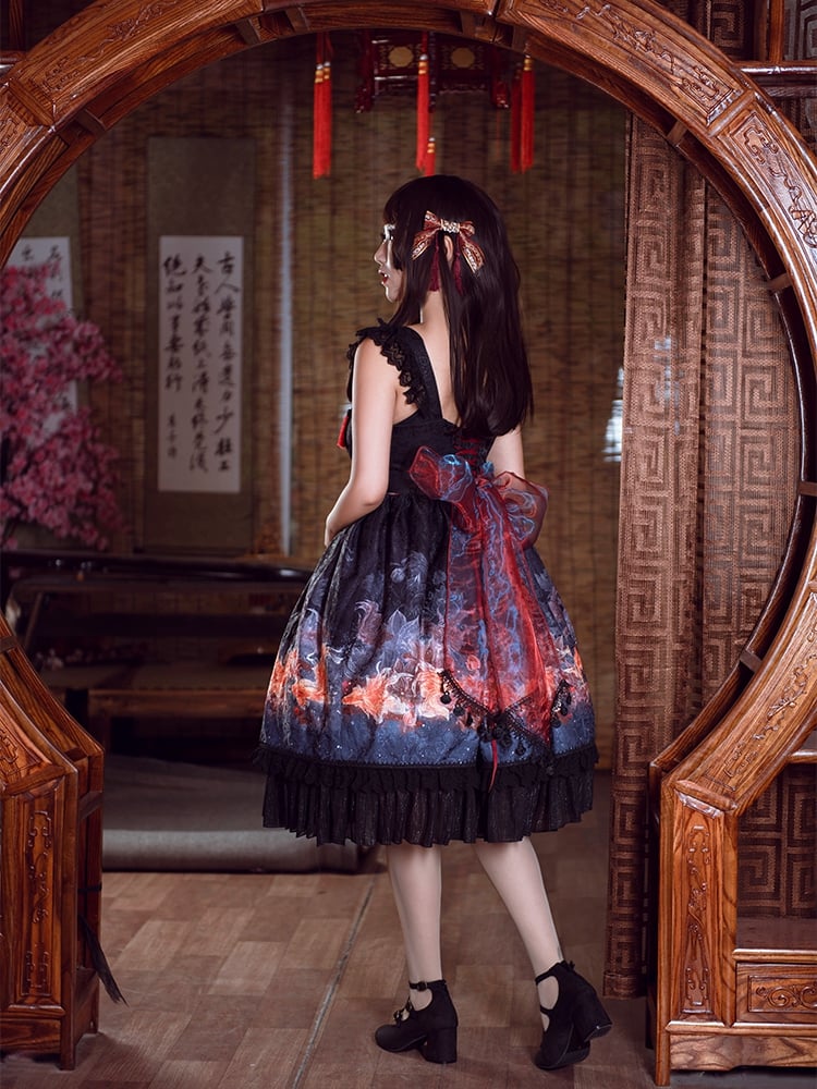 In Stock Lotus Bloom Fish Print Flounce Hemline Chinoiserie Style Jumper Skirt