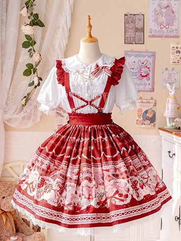 Red Bunny Strawberry Print Sweet Overall Dress+White Peter Pan Collar Blouse Set