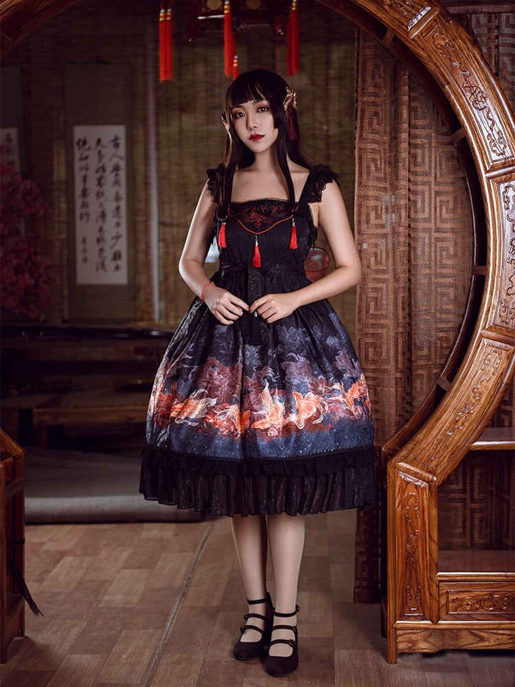 In Stock Lotus Bloom Fish Print Flounce Hemline Chinoiserie Style Jumper Skirt