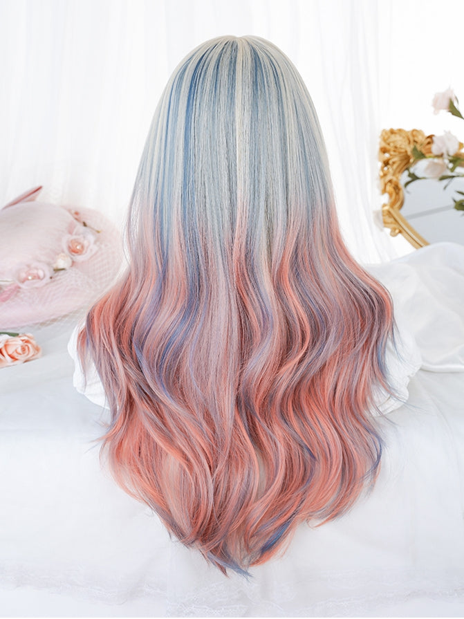 Rainbow Mixed Hair Color Long Synthetic Wavy Wig with Air Bangs