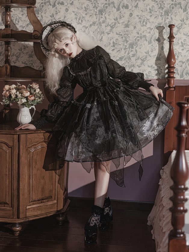 Withered Leaves Print Handkerchief Overlay Hem Empire Waist Jumper Skirt