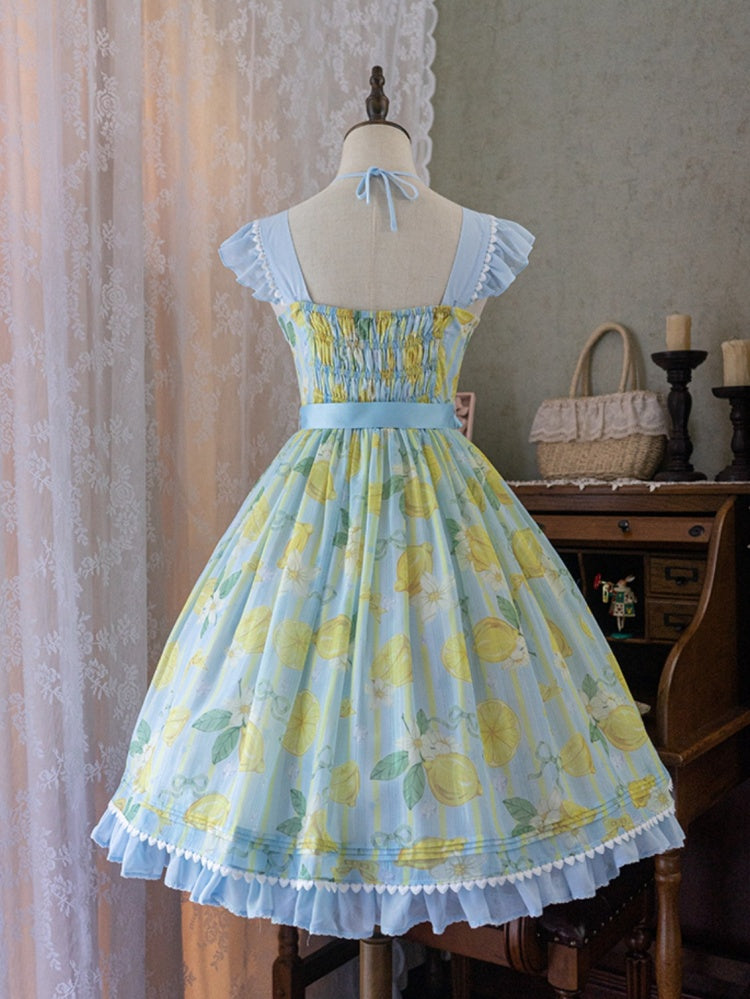Lemon Print Summer Dress Yellow and Blue Sweet Jumper Skirt