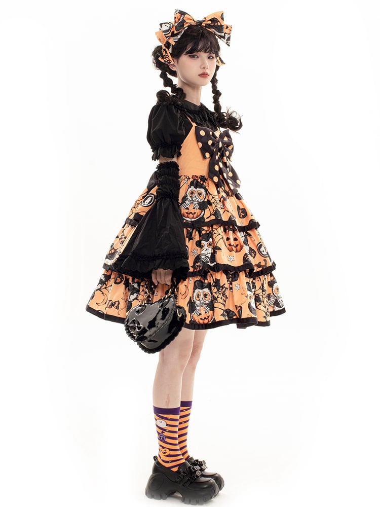 Strawberry Milk Ball Orange Bowknot Detail Strawberry Print Tiered Hem Jumper Skirt