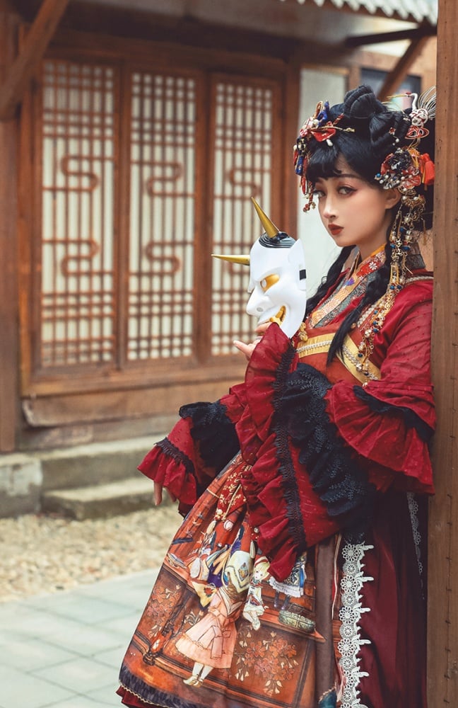 In Stock Fantasy Night Story Japanese Style Print Flounce Hem High Waist Wa Lolita JSK